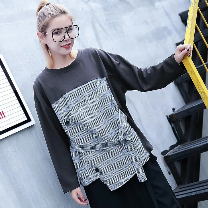 2018 gray Plaid tops trendy plus size O neck casual New patchwork asymmetric cotton tops