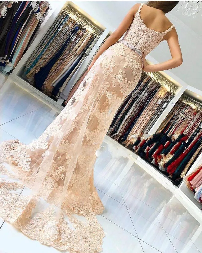 Alluring Chic Lace Spaghetti-Straps Chic Mermaid Prom Dresses Sleeveless Evening Dresses with Over-skirt