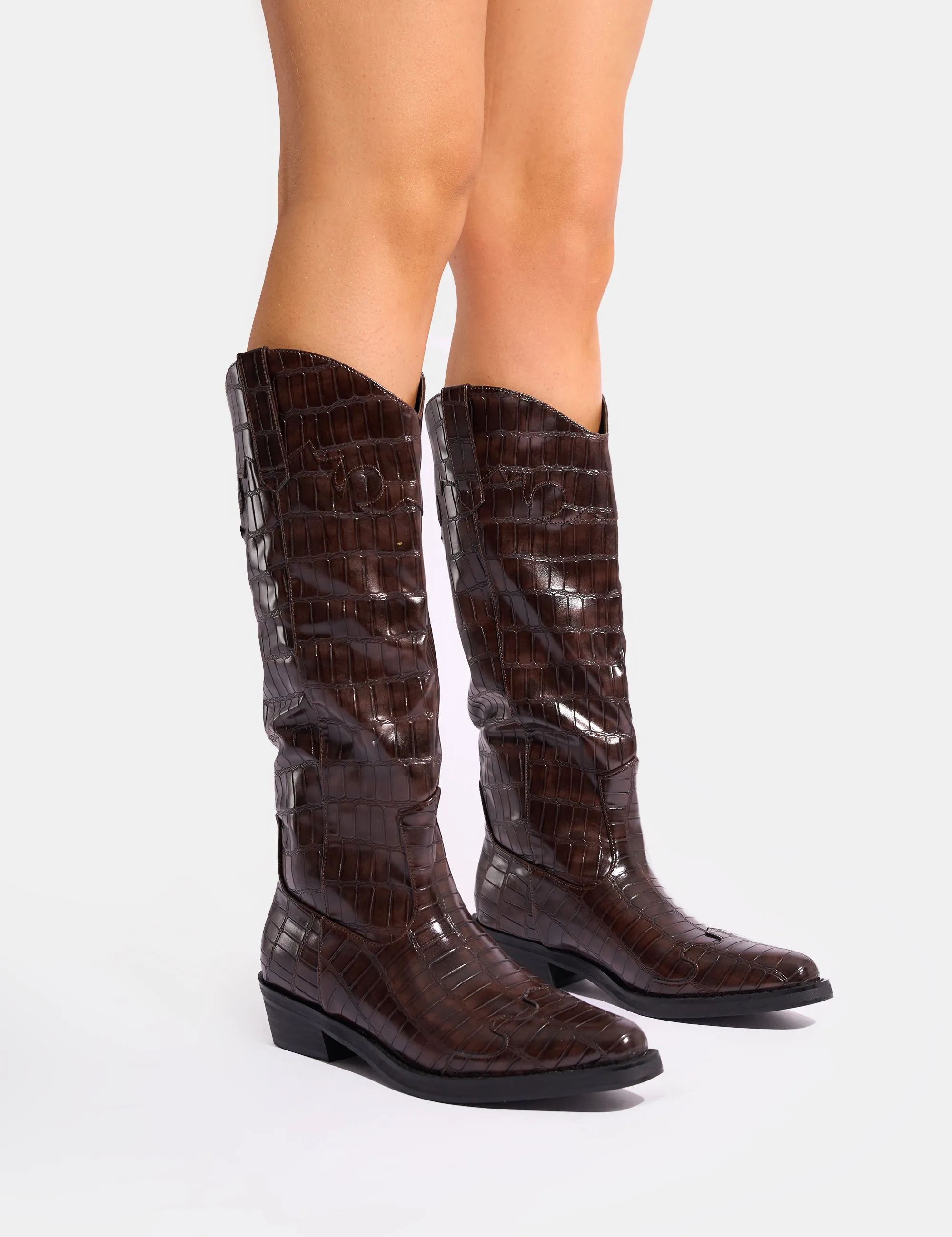 Apollo Brown Croc Wide Fit Flat Western Knee High Boots