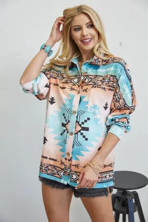 AZTEC PRINT SUEDE BUTTON DOWN ULTRA SOFT SHACKET