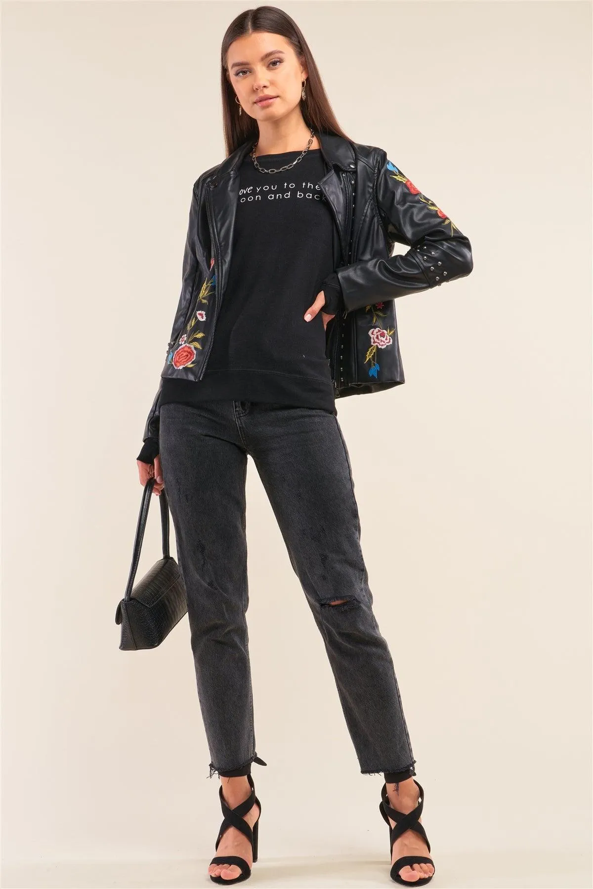 Black Metal Beads Detail Floral Embroidery Long "Tattooed" Sleeve Vegan Leather Jacket /1-1-1-1-1