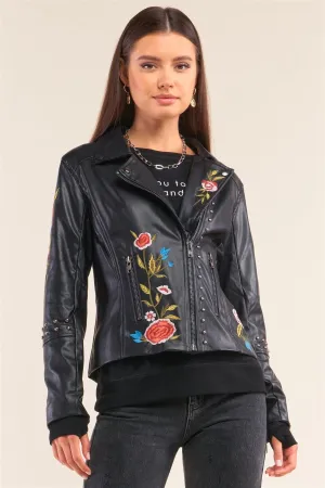 Black Metal Beads Detail Floral Embroidery Long "Tattooed" Sleeve Vegan Leather Jacket /1-1-1-1-1