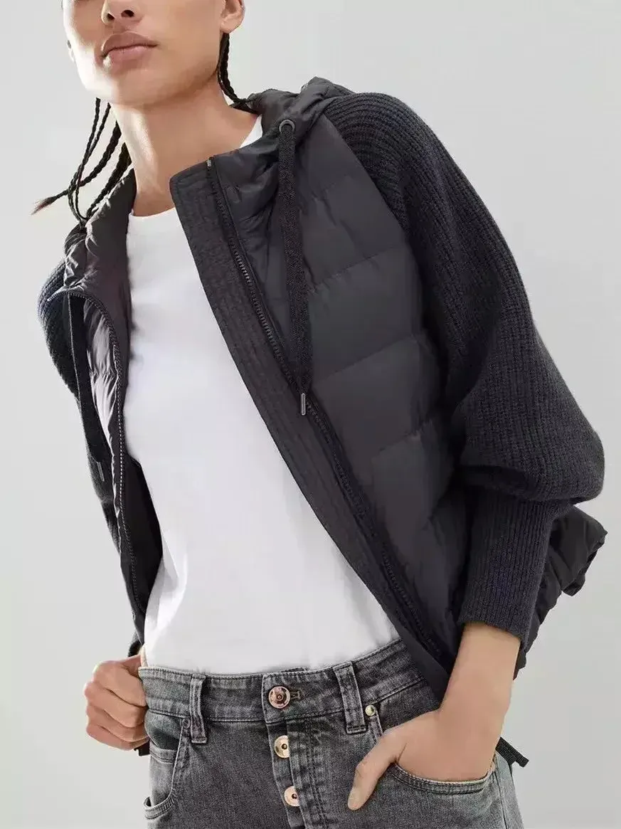 Black Ribbed-Knit Padded Vest-Jacket with Hood