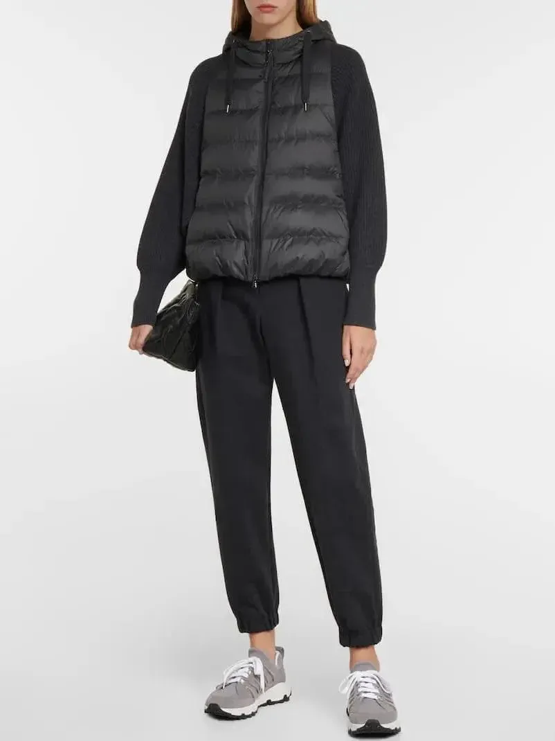 Black Ribbed-Knit Padded Vest-Jacket with Hood