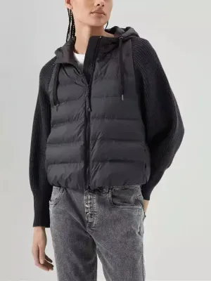 Black Ribbed-Knit Padded Vest-Jacket with Hood