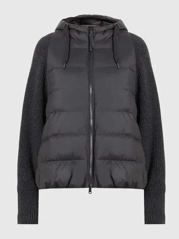 Black Ribbed-Knit Padded Vest-Jacket with Hood