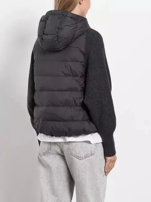 Black Ribbed-Knit Padded Vest-Jacket with Hood