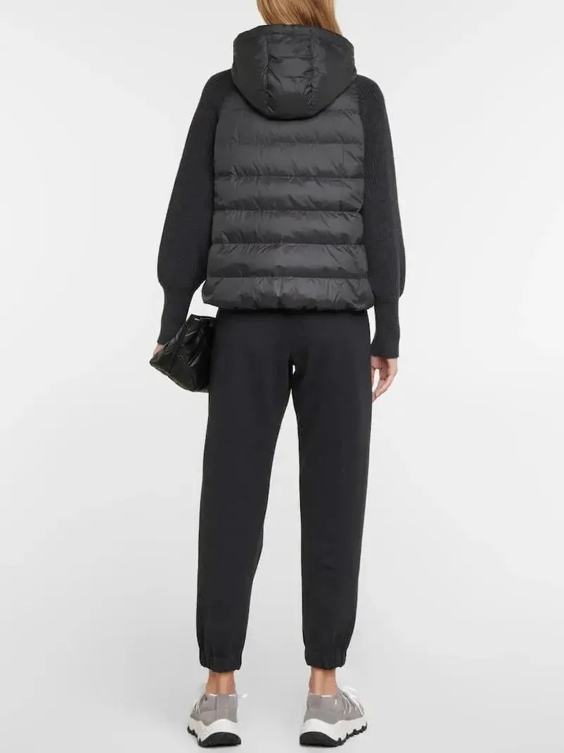 Black Ribbed-Knit Padded Vest-Jacket with Hood