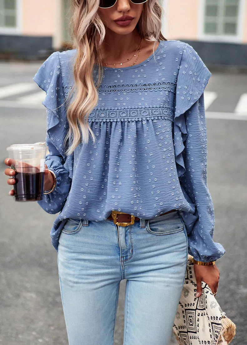 Blue Long Sleeve Blouses Ruffle Dot Loose Fit Casual Tops