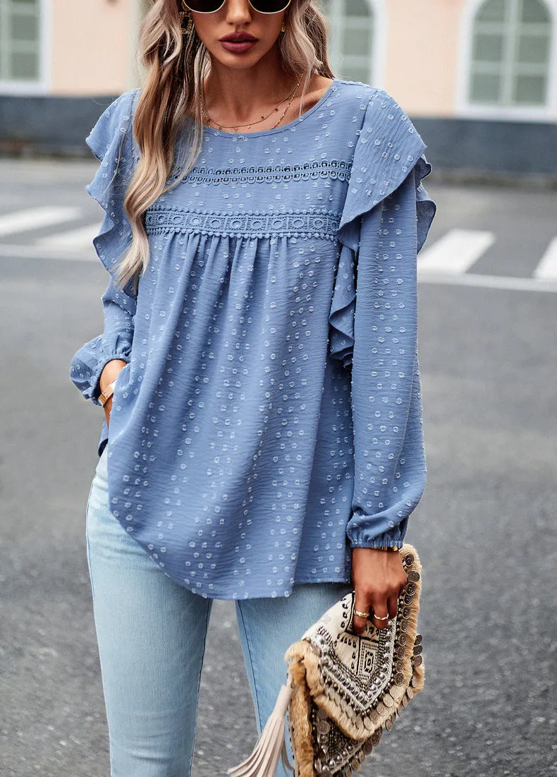 Blue Long Sleeve Blouses Ruffle Dot Loose Fit Casual Tops