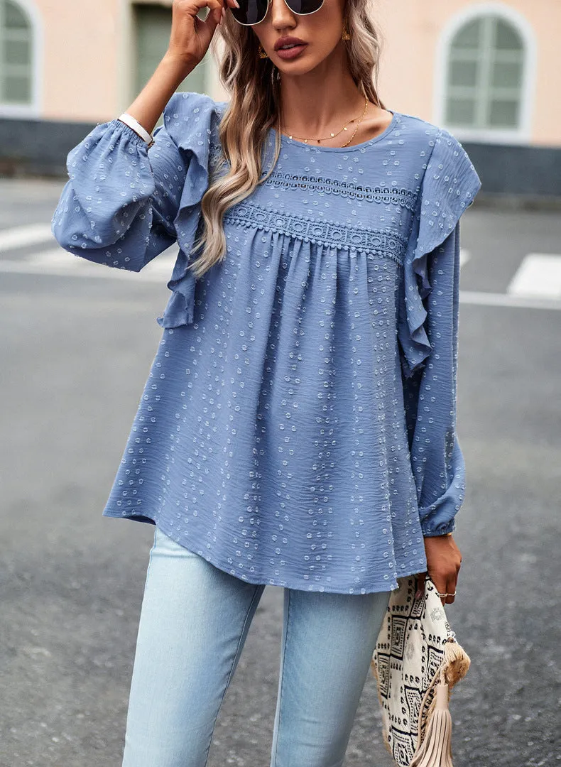 Blue Long Sleeve Blouses Ruffle Dot Loose Fit Casual Tops