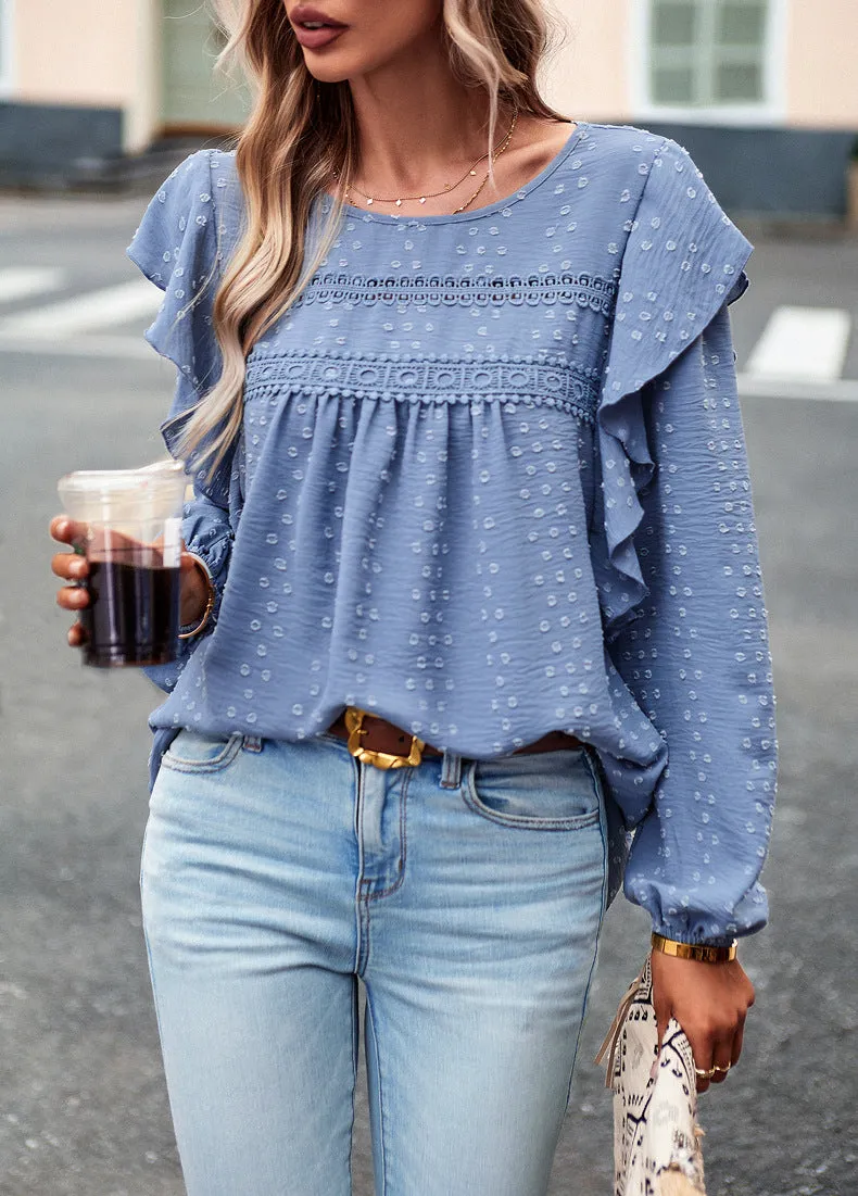 Blue Long Sleeve Blouses Ruffle Dot Loose Fit Casual Tops