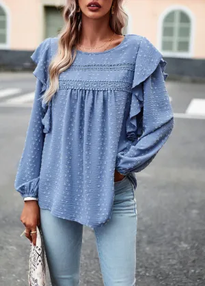 Blue Long Sleeve Blouses Ruffle Dot Loose Fit Casual Tops