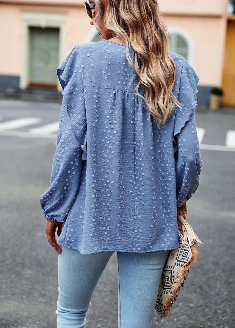 Blue Long Sleeve Blouses Ruffle Dot Loose Fit Casual Tops