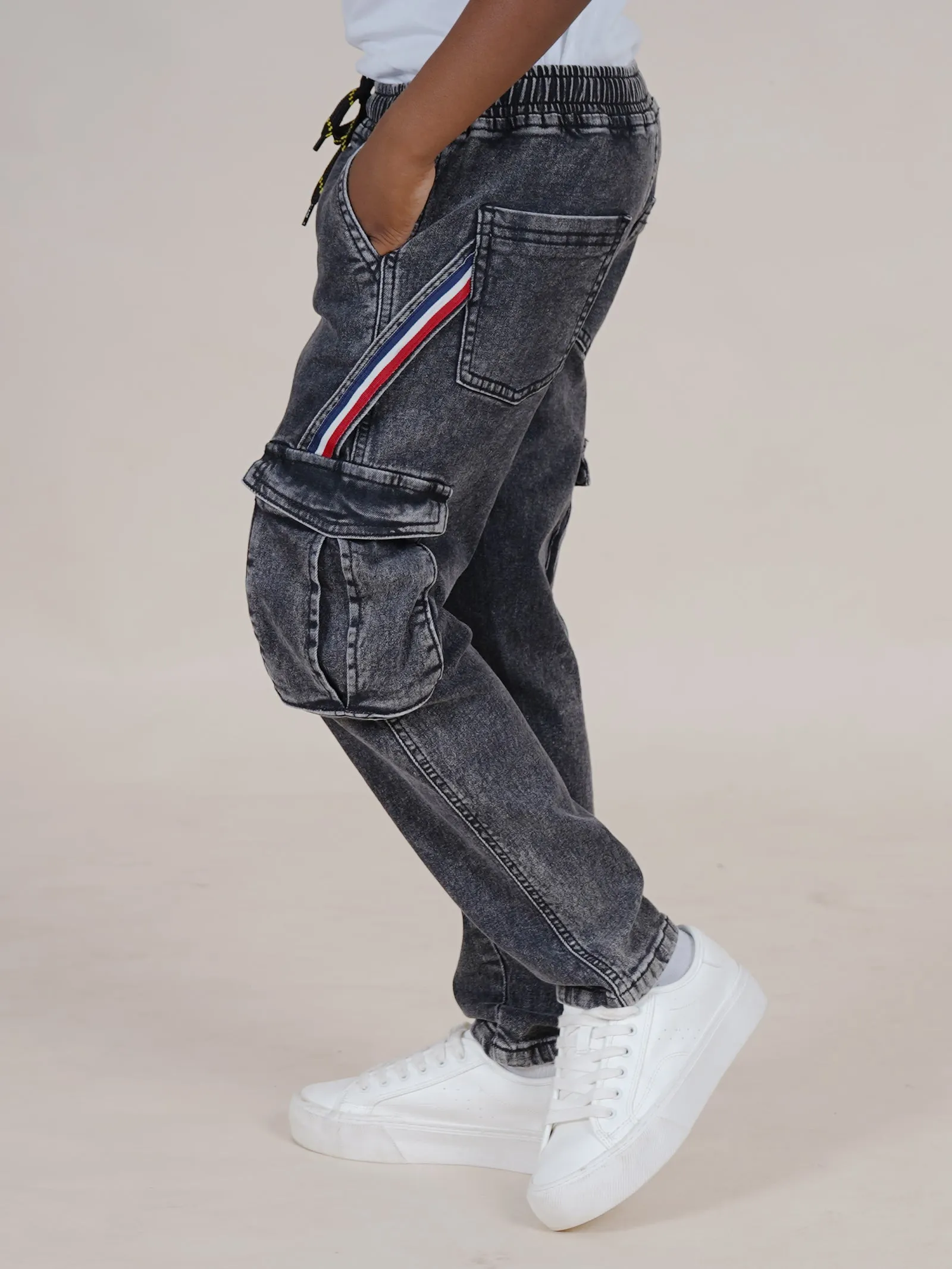 Boys Full Length Cargo Pocket Denim Jean With Side Strap & Elasticated Drawstring