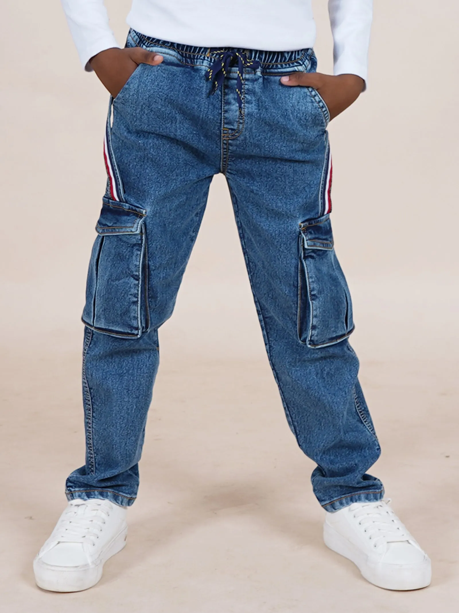 Boys Full Length Cargo Pocket Denim Jean With Side Strap & Elasticated Drawstring