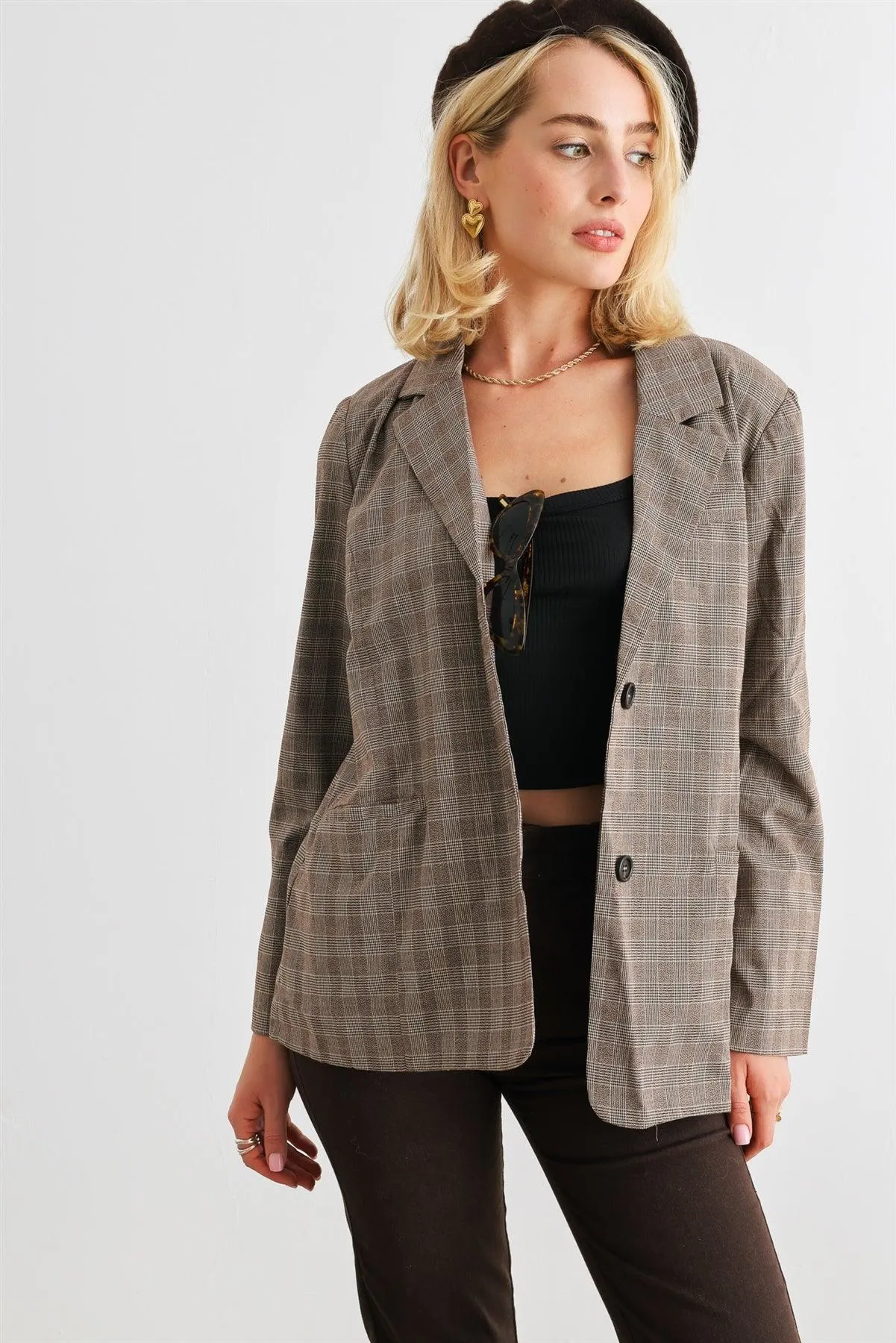 Brown Plaid Long Sleeve Button-Up Two Pocket Blazer /1-2-2-1