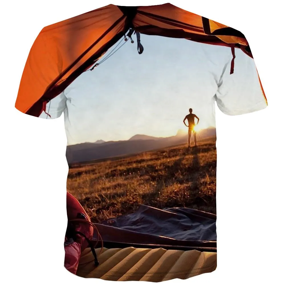 Camping T shirts Men Sunset Tshirt Anime Forest T-shirts Graphic Flame Shirt Print