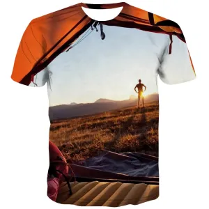 Camping T shirts Men Sunset Tshirt Anime Forest T-shirts Graphic Flame Shirt Print