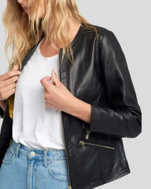 Chic Noir Crew Neck Black Racer Leather Jacket