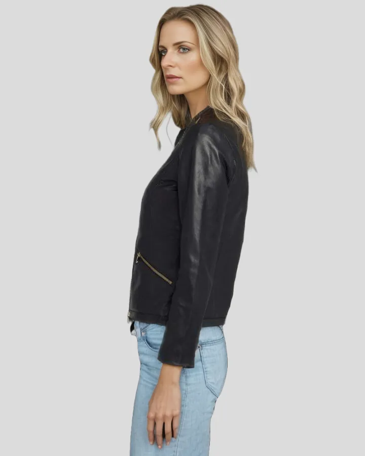 Chic Noir Crew Neck Black Racer Leather Jacket