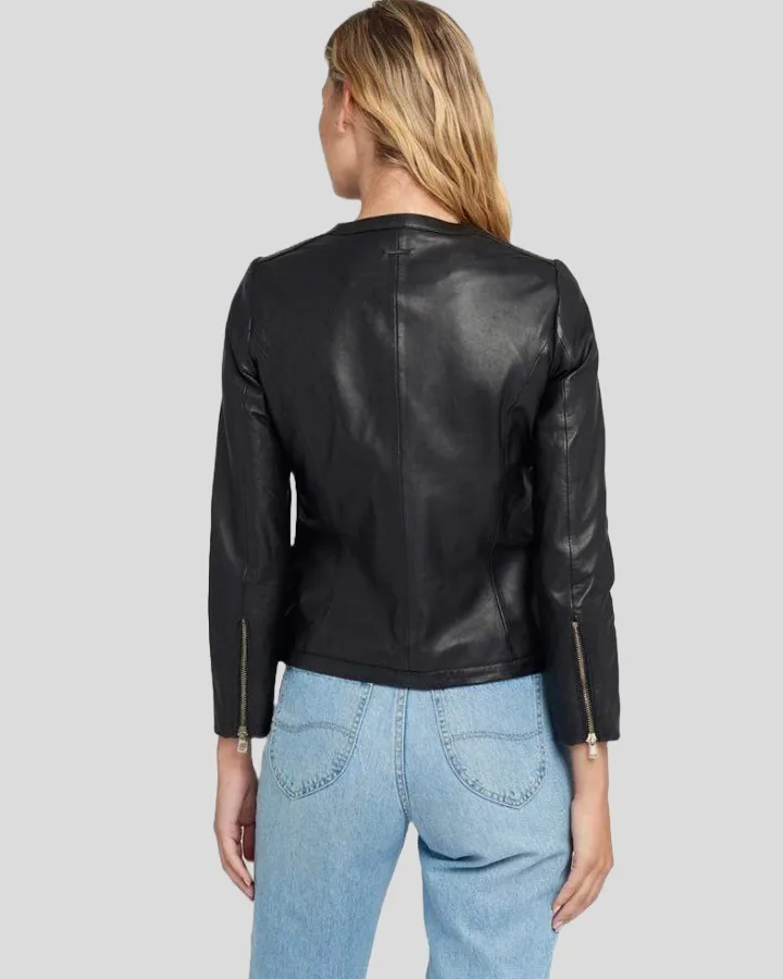 Chic Noir Crew Neck Black Racer Leather Jacket