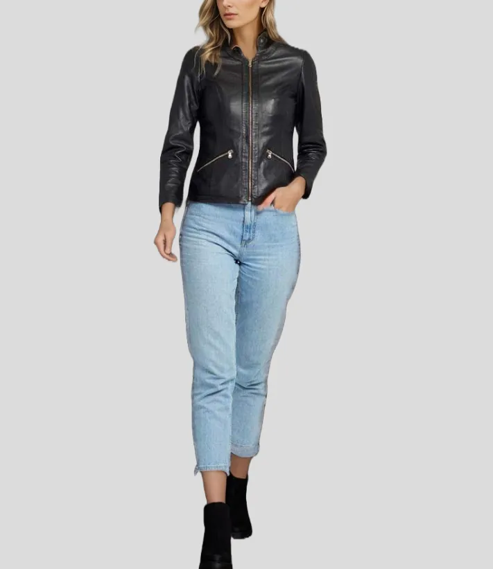 Chic Noir Crew Neck Black Racer Leather Jacket