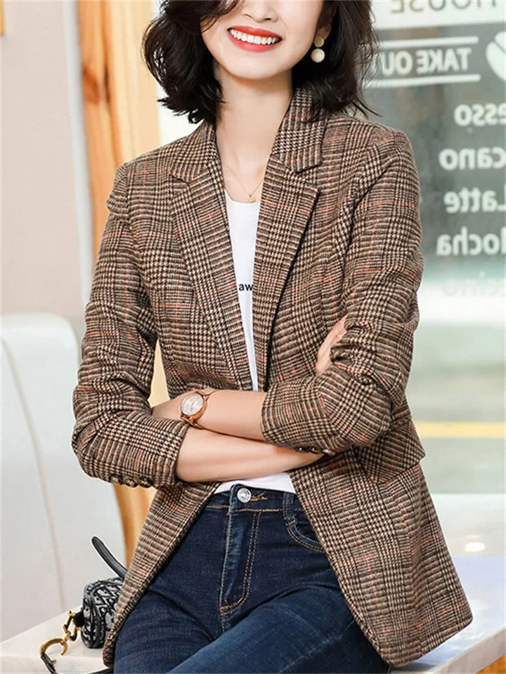 Chic Vintage Plaid One Button Suit Jacket for Lady