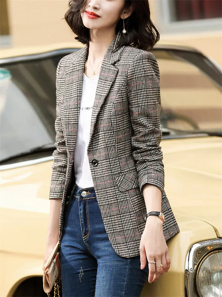 Chic Vintage Plaid One Button Suit Jacket for Lady