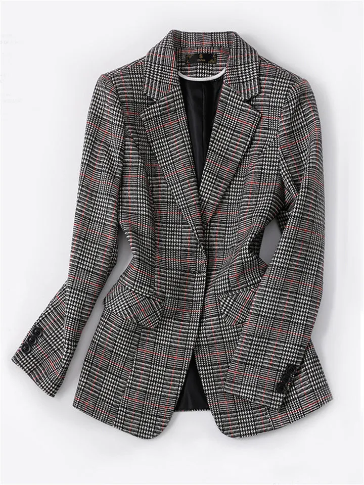 Chic Vintage Plaid One Button Suit Jacket for Lady