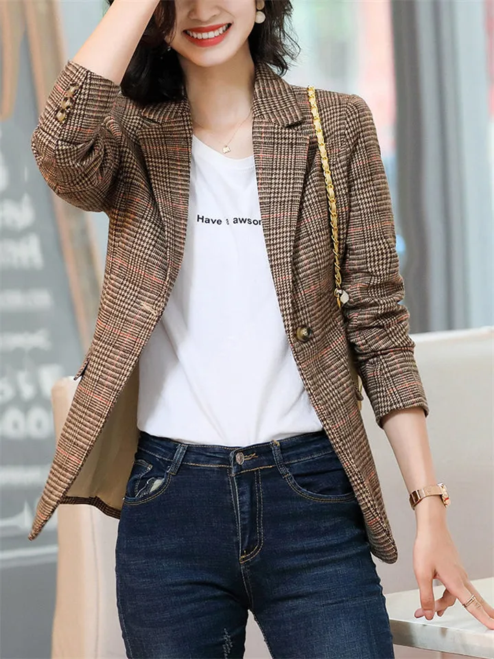 Chic Vintage Plaid One Button Suit Jacket for Lady