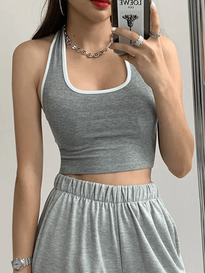 Contrast Trim Cropped Halter Tank Top