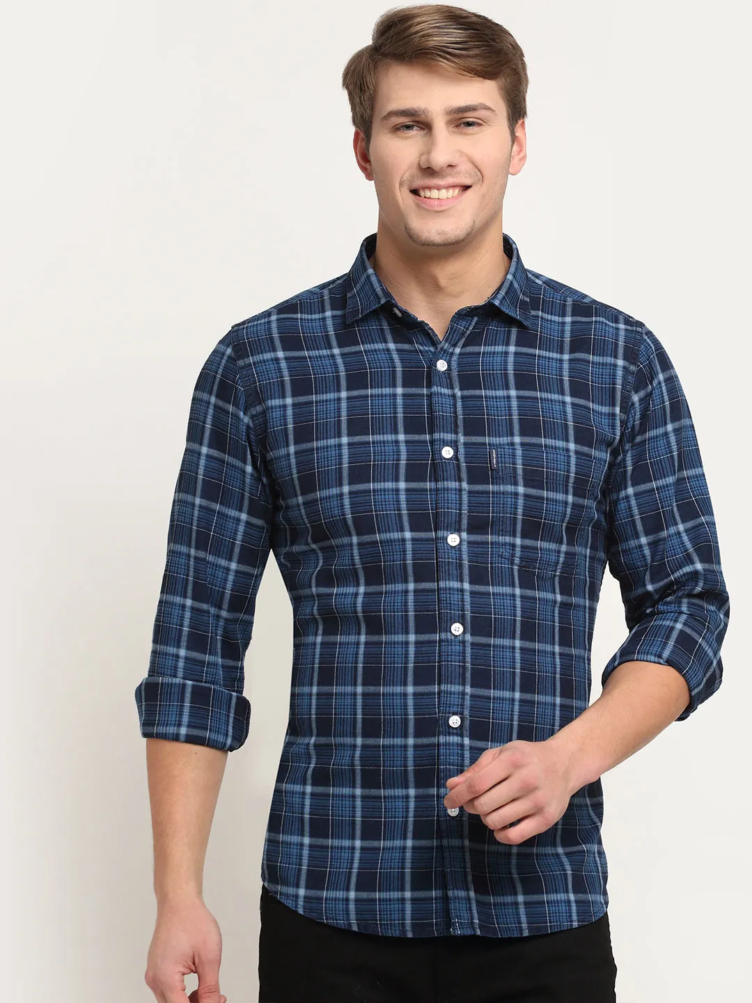 Cotton Checkered Navy Blue Full Sleeve Casual Shirt for Men with Pocket