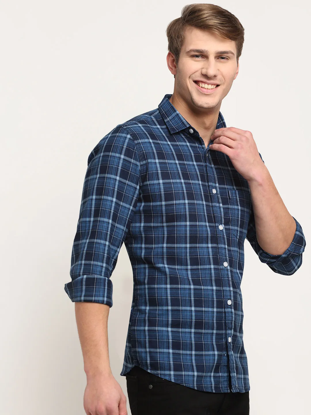 Cotton Checkered Navy Blue Full Sleeve Casual Shirt for Men with Pocket