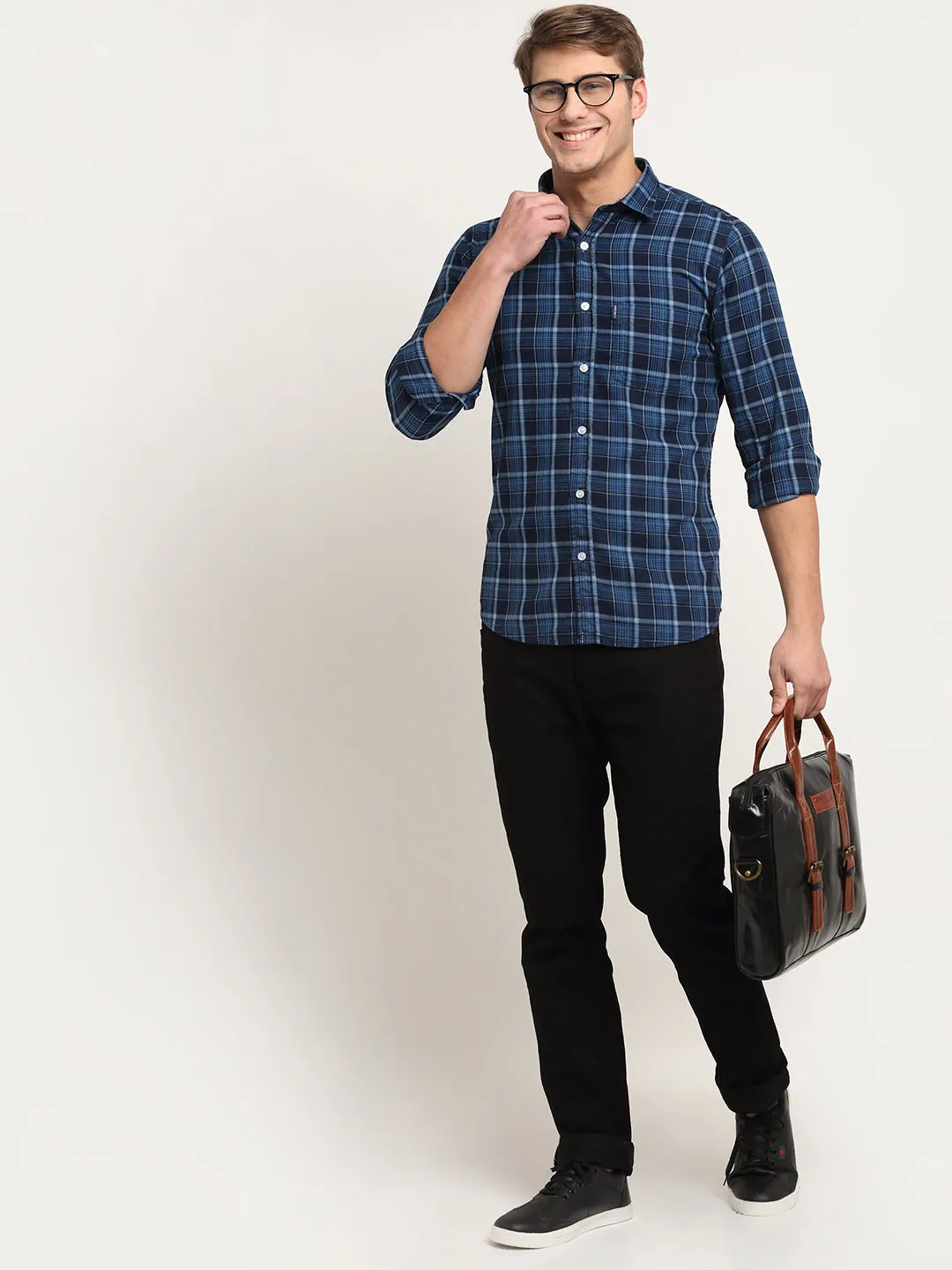 Cotton Checkered Navy Blue Full Sleeve Casual Shirt for Men with Pocket