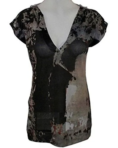 Elvis Laskin Clothing - Black & Tan, Cap Sleeves, Abstract Design, Printed Mi.