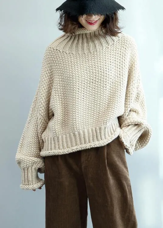 Fashion beige knit tops high neck lantern sleeve trendy plus size knit tops