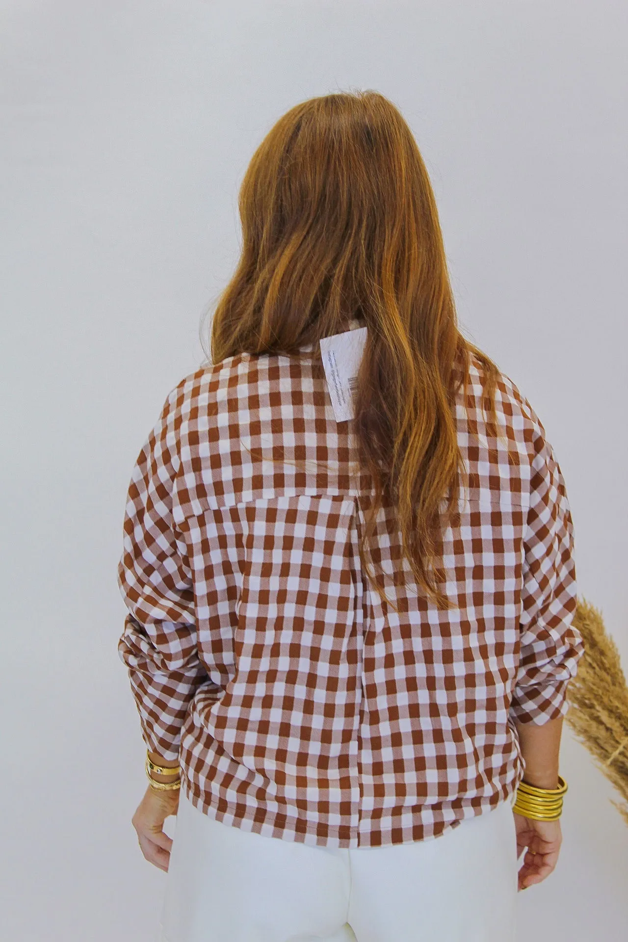 Gingham Tailored Collared Top- Brown