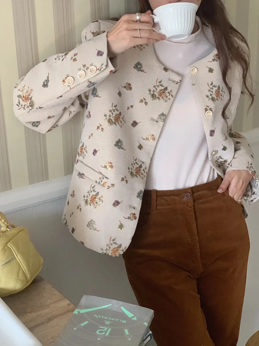 Girlary Spring French Vintage Round Neck Jackets for Women Embroidery Gold Foil Flower Jacket Loose Sleeve Short Suit Coat Women