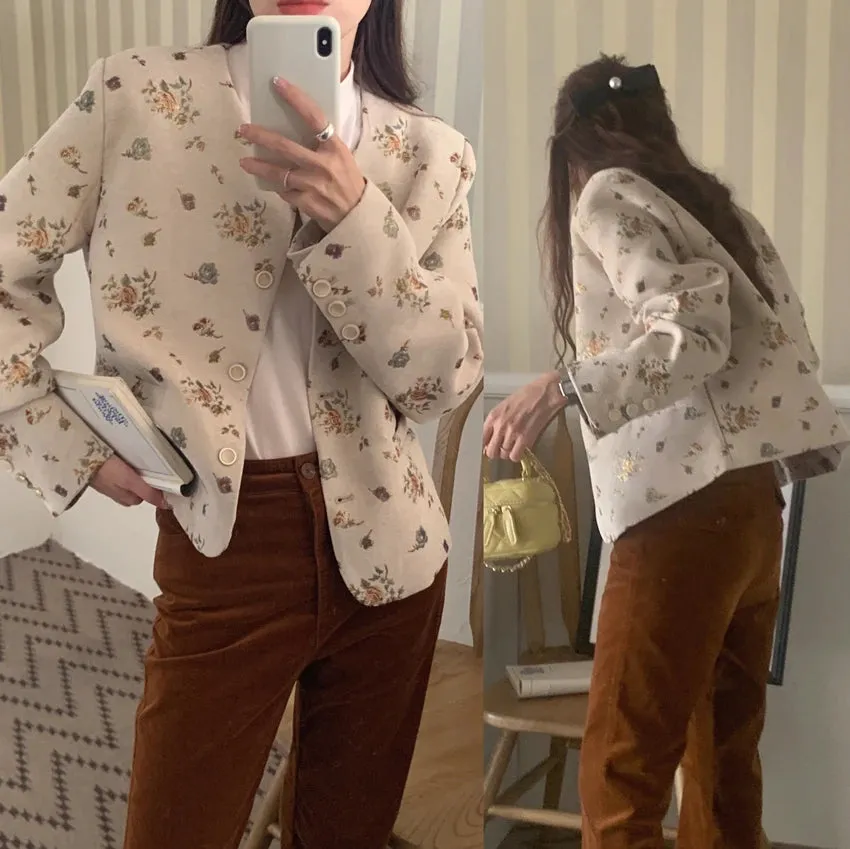 Girlary Spring French Vintage Round Neck Jackets for Women Embroidery Gold Foil Flower Jacket Loose Sleeve Short Suit Coat Women