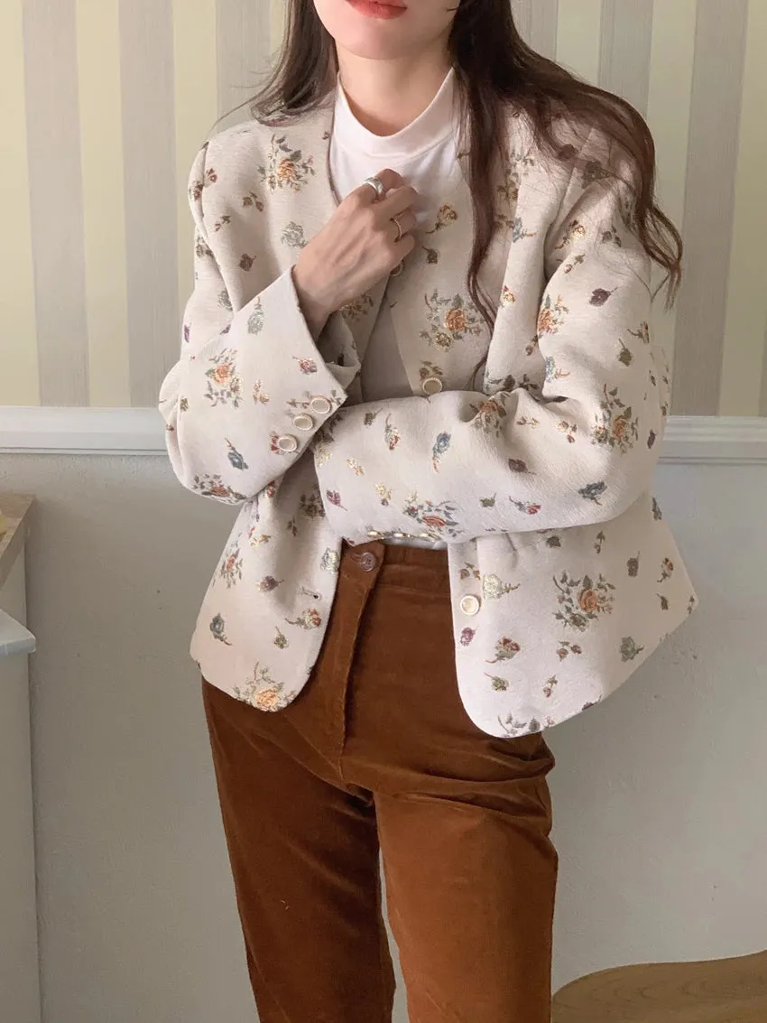 Girlary Spring French Vintage Round Neck Jackets for Women Embroidery Gold Foil Flower Jacket Loose Sleeve Short Suit Coat Women