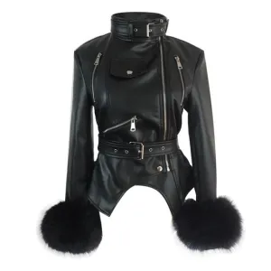 Gothic Faux Fox Fur Cuffs PU Leather Jacket