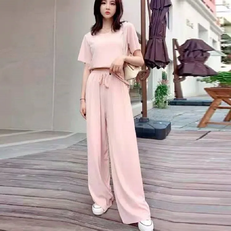 Ice Silk Loose Plus Size Breathable Casual Wide Leg Pants Loungewear Home Outdoor Trendy Sets