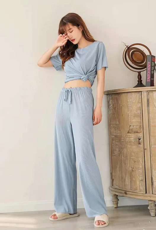 Ice Silk Loose Plus Size Breathable Casual Wide Leg Pants Loungewear Home Outdoor Trendy Sets