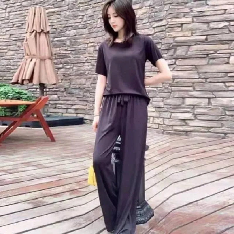 Ice Silk Loose Plus Size Breathable Casual Wide Leg Pants Loungewear Home Outdoor Trendy Sets