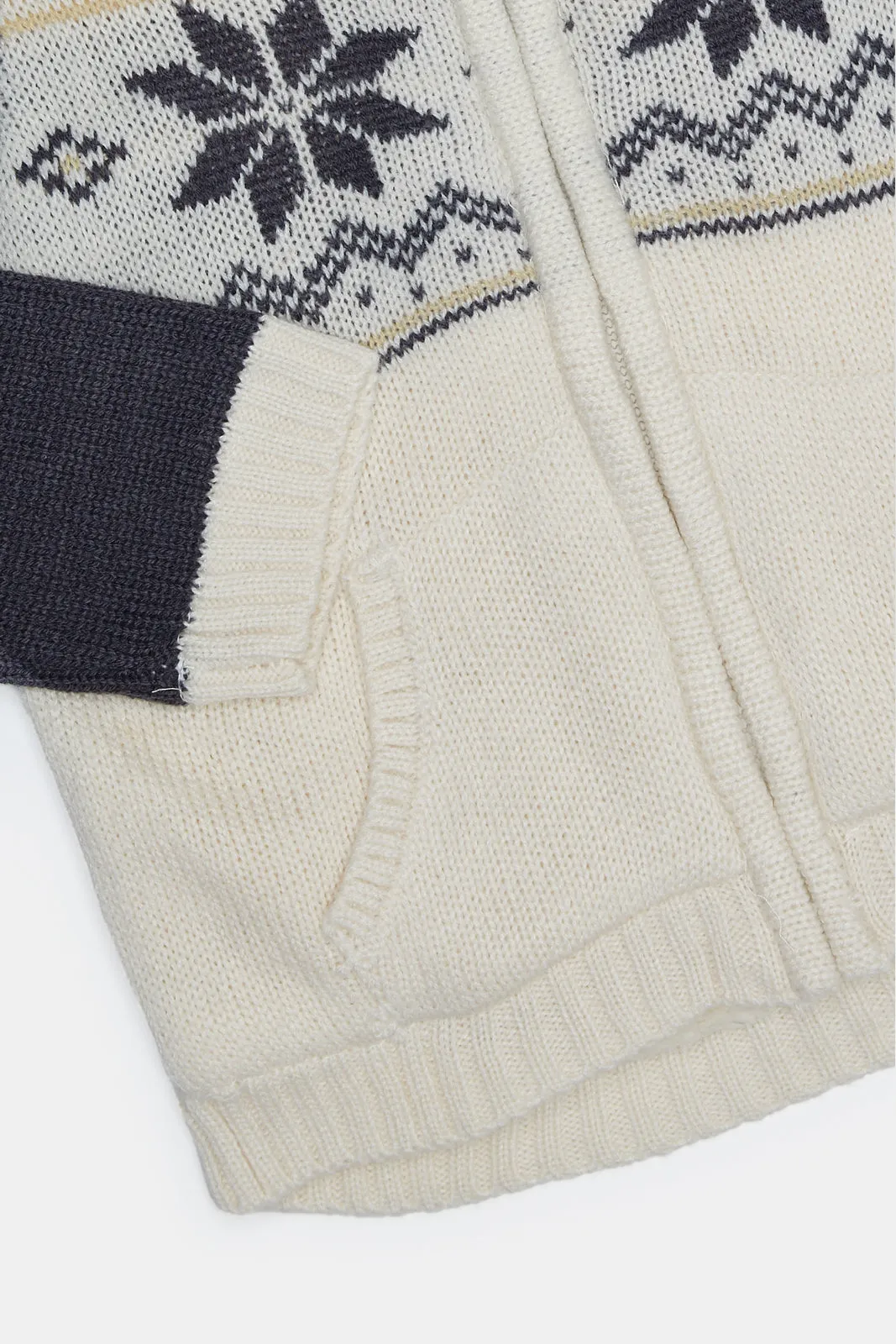 Infant Boys White And Navy Hoody Intarsia Sherpa Cardigan