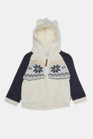 Infant Boys White And Navy Hoody Intarsia Sherpa Cardigan