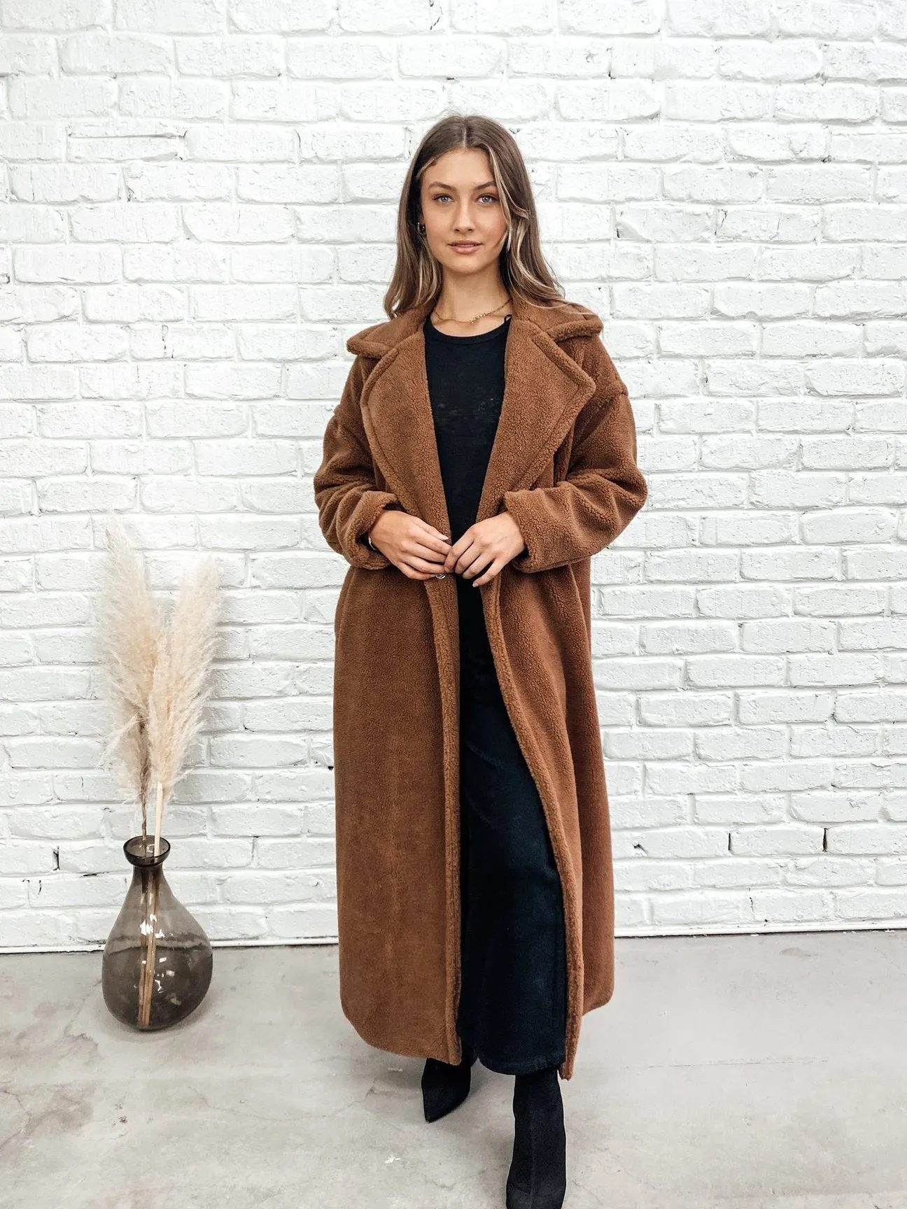 Jaz long slouch chocolate teddy coat