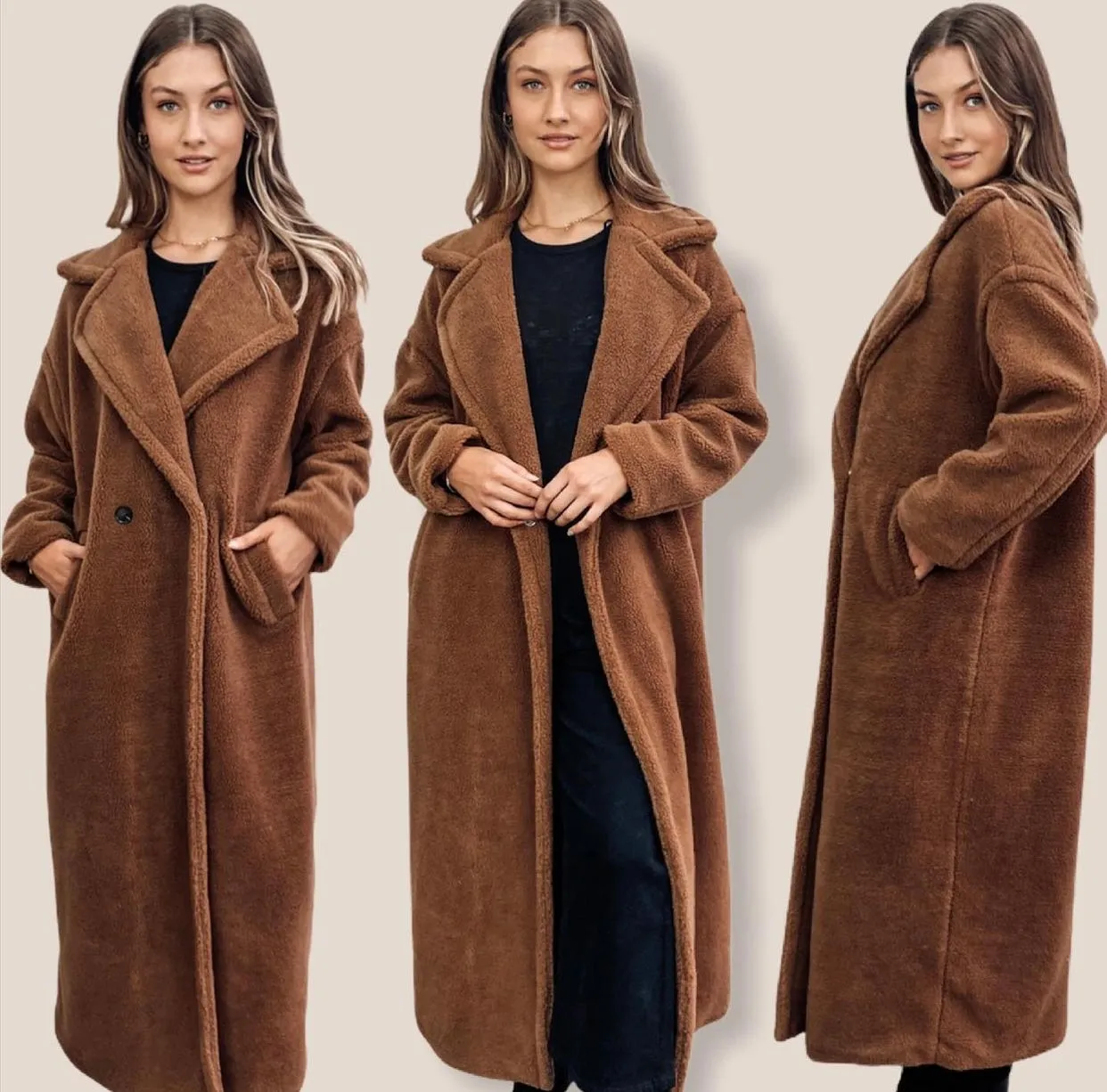 Jaz long slouch chocolate teddy coat