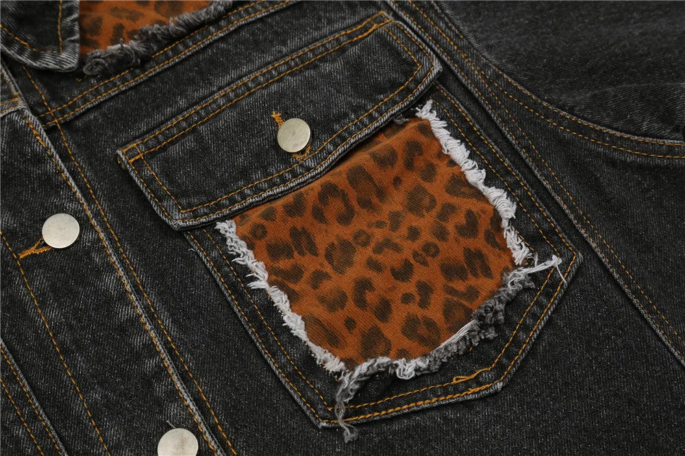 Letter Shaped and Leopard Patchwork Denim Jacket